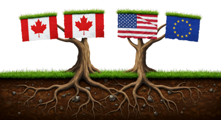 Trees with Canada USA and EU flags growing from roots on transparent background

