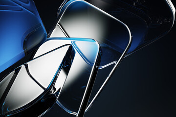 Abstract black 3d background wallpaper with glass transparent square plates, blue gradient and light refraction. Render crystal block shapes on dark bg. Graphic design digital tech. 3D illustration