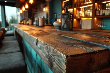 Rustic wooden bar counter with a soft focus on the wine rack and ambient lighting, creating depth and warmth for an inviting atmosphere.