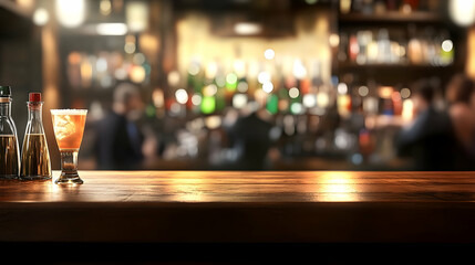 Wooden bar top with drink and condiments, blurred background.