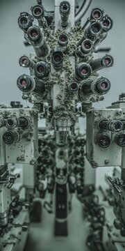 Una vista cercana de una intrincada estructura mec&aacute;nica con numerosos tubos y componentes, con una est&eacute;tica industrial y un esquema de color verde.