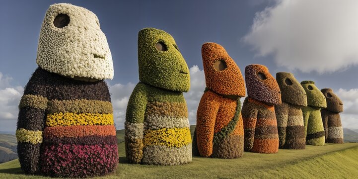 Una fila de estatuas Moai cubiertas de flores se alinea contra un cielo azul nublado y un paisaje verde.