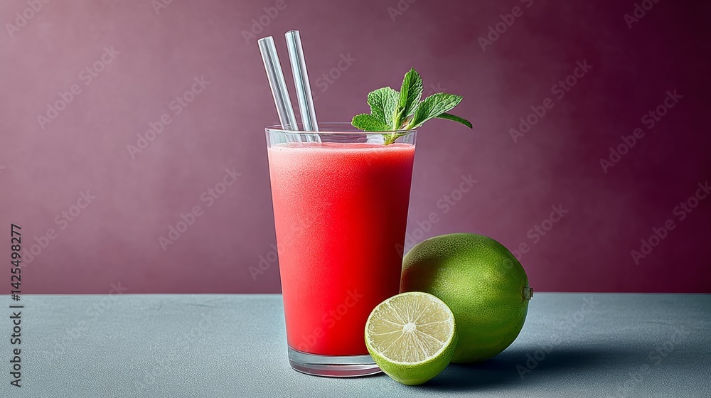 Aufkleber glass of red juice with a lime slice on the side. the juice is in a clear glass and the lime slice i