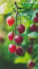 Cluster of Red Chinese Lanterns Fruit on Branch with Green Leaves Hanging Down