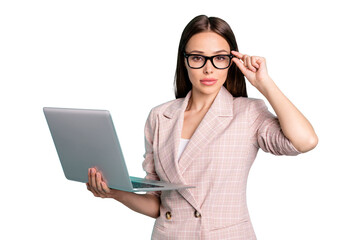 Portrait of nice-looking attractive lovely content smart clever intelligent straight-haired lady...
