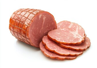 Sliced smoked ham on white background