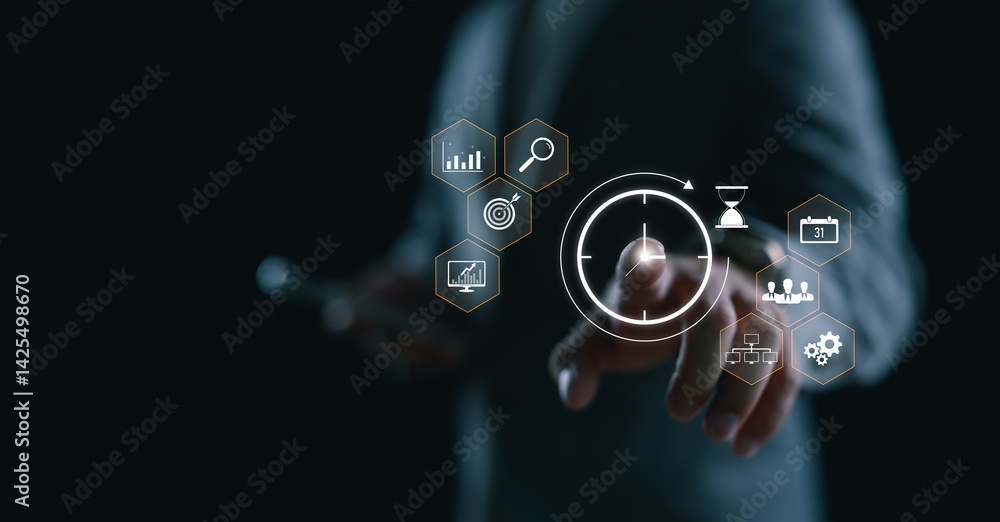 Poster businessman pointing at a digital clock icon surrounded by productivity and planning symbols, repres