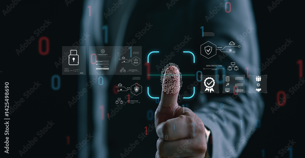 Poster businessman scanning fingerprint with digital interface, representing cybersecurity, biometric authe