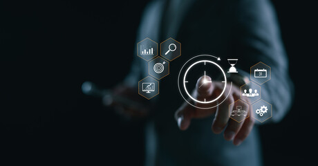 Businessman pointing at a digital clock icon surrounded by productivity and planning symbols, representing time management, task scheduling, business efficiency, and smart organization.