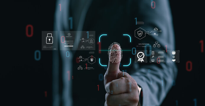 Businessman scanning fingerprint with digital interface, representing cybersecurity, biometric authentication, identity verification, data protection, privacy, and secure digital access.