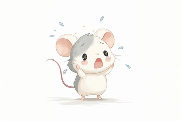 Naklejka premium Un ratón animado con expresión de sorpresa, con gotas de agua a su alrededor.