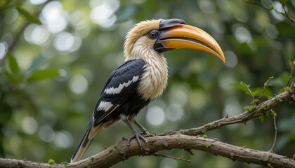 A colorful hornbill perched on a branch in a lush green environment.