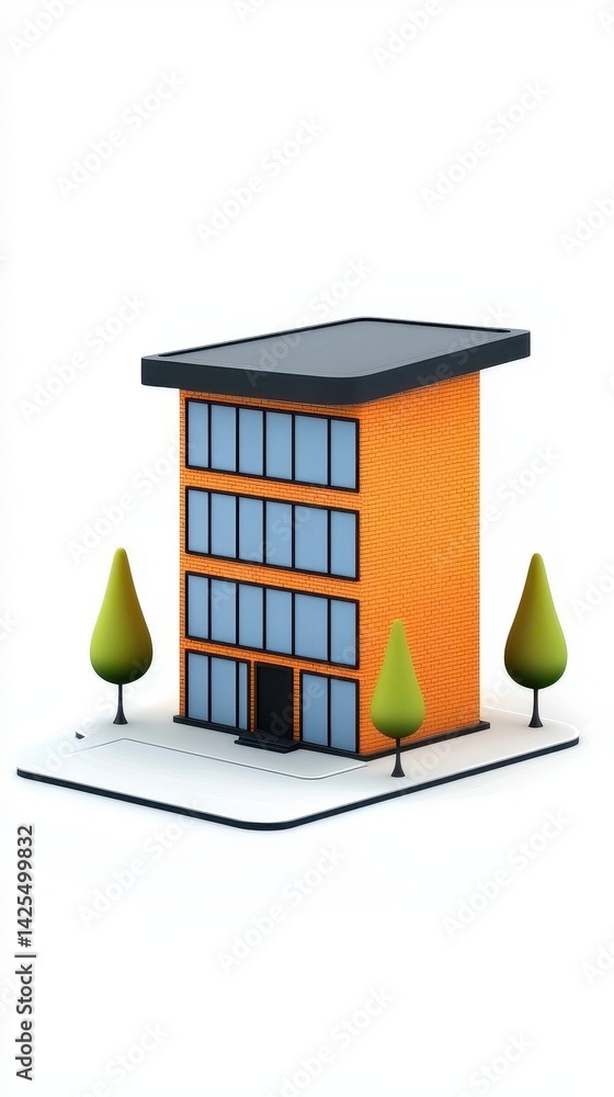 Poster a modern, stylized building with large windows and a flat roof, surrounded by two symmetrical trees 