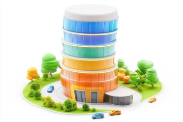 A colorful, modern building surrounded by stylized trees and cars, showcasing a unique architectural design.