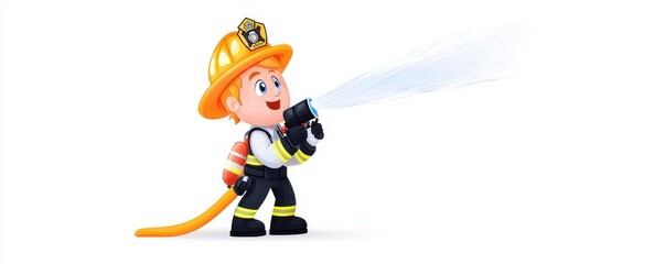 A cartoon firefighter sprays water, wearing a helmet and uniform, showcasing bravery and firefighting action.