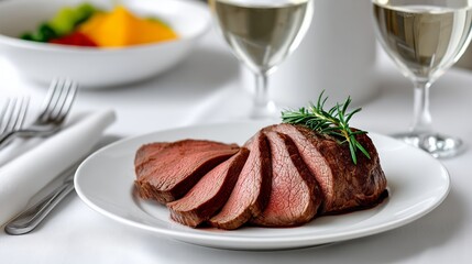 Plate of meat with a fork and knife on the table. The meat is cut into slices and is served on a white plate. There are two wine glasses on the table, one on the left and one on the right