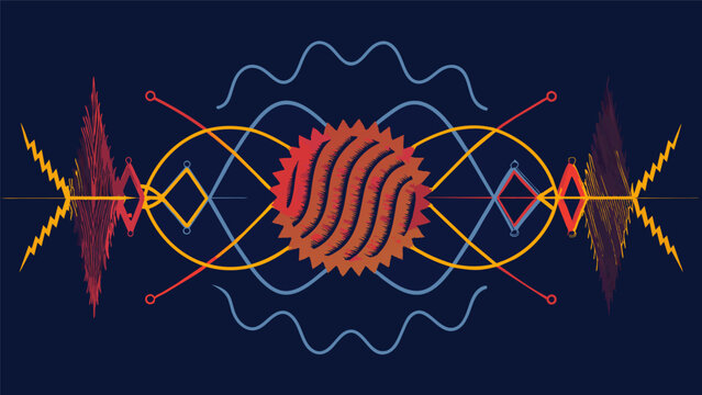 An embroidered tapestry with overlapping sound waves and tangled threads portraying the tangled and overwhelming nature of anxiety..