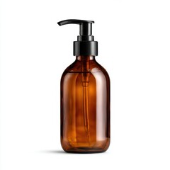 Amber bottle with dispenser pump isolated on white background