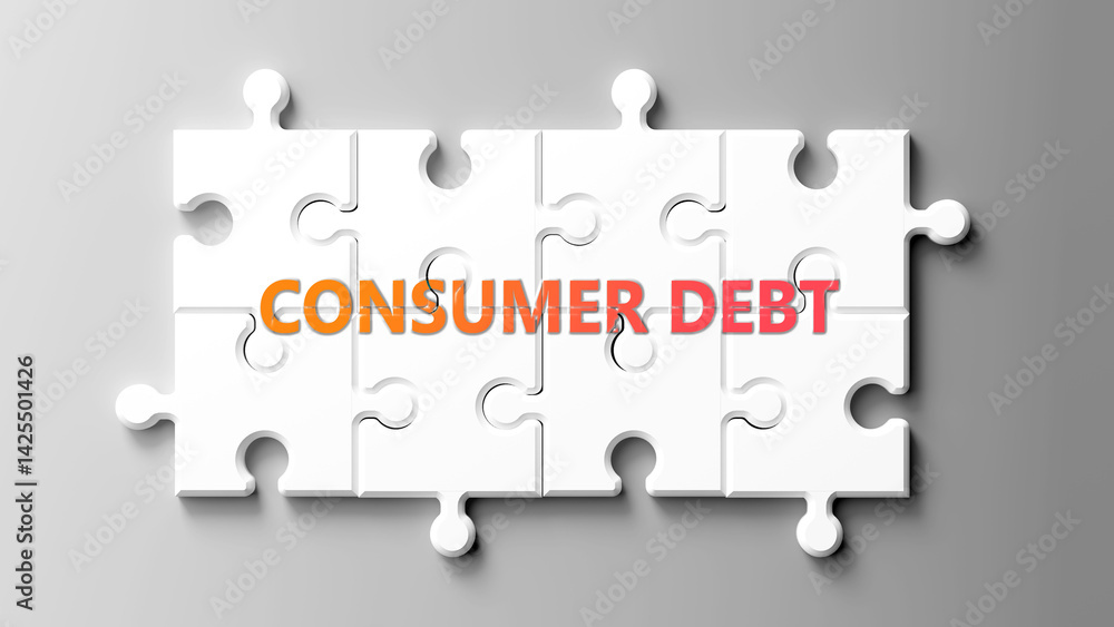 Poster consumer debt complex like a puzzle - pictured as word consumer debt on a puzzle pieces to show that