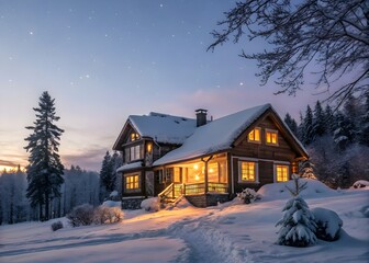 Cozy Snow-Covered Island House with Warm Lighting at Dusk Landscape