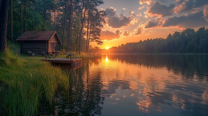 Fototapeta premium Lakeside cabin at sunset
