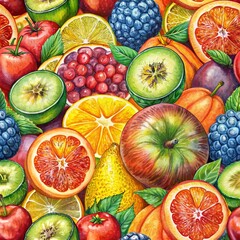 Watercolor illustration of colorful assorted whole and sliced fruits. apple, orange, kiwi, lemon, plum, berries. Seamless pattern for healthy eating, vegan, vitamins, recipes.
