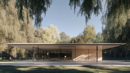 Obraz premium Modern Pavilion in a park setting. Sunlight streams through the glass walls of a minimalist, light-beige structure, nestled within a lush forest