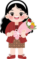 cute girl in red kebaya holding flower bouquet for kartini day