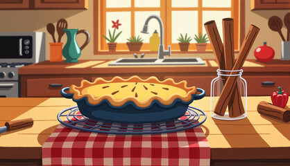 Pie on a cooling rack in a cozy kitchen setting  