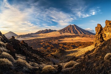A scenic view of mount teide and the surrounding landscape under a partly cloudy blue sky at daytime