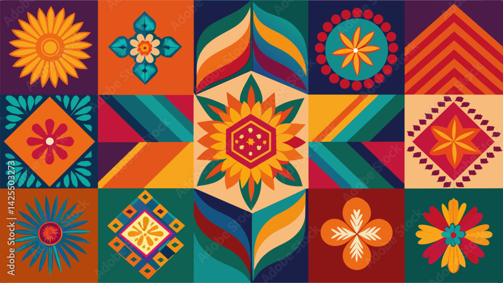 Poster a bohemianinspired quilt adorned with a mix of vibrant vintage fabrics each square adding a pop of c