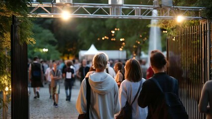 Concert entrance with visitors scanning faces in a warm evening