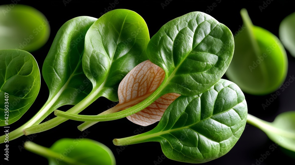 Poster close up of a bunch of green spinach leaves. the leaves are all different sizes and are arranged in 