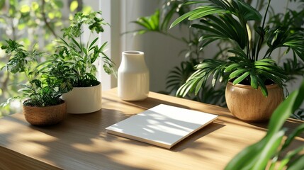 Obraz premium Bright workspace with indoor plants and sunlight calm and serene home office setting