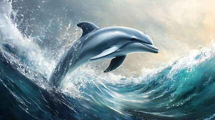 Naklejka premium canvas, shadow, playful, painting, artwork, artistic, aquatic, movement, dolphin, spray, splash, curve, eye, fin, fluid, freedom, joyful, jump, mammal, vibrant, underwater, turquoise