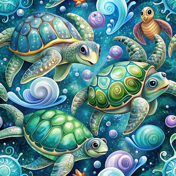 Seamless pattern with cute sea turtles swimming underwater. Whimsical and colorful illustration for children's book, fabric, wallpaper, or textile design.