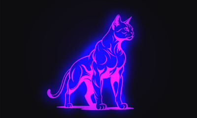 Fototapeta premium Vector graphic glowing neon powerful muscular strong cat on dark background. Glow puss bodybuilder. Feline steroid mutant. Athletic new cat breed