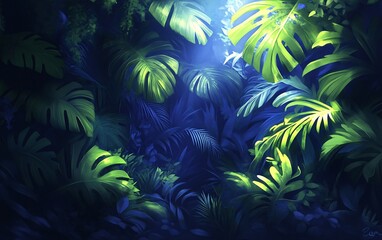 lush tropical jungle with bright green foliage and sunlight filtering through leaves