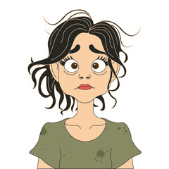 Very tired young woman portrait vector illustration. World Mother's Day theme. Crazy cartoon girl isolated transparent background for user profile icon. EPS 10