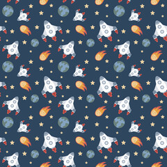 cute rocket seamless pattern with meteor and stars