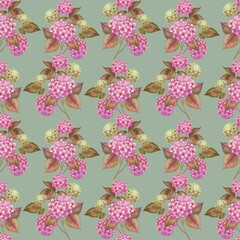 Seamless floral pattern with hand-painted pink and green hydrangeas and vintage leaves on a soft green background. Elegant, botanical, romantic design for fabric, wallpaper, and stationery.