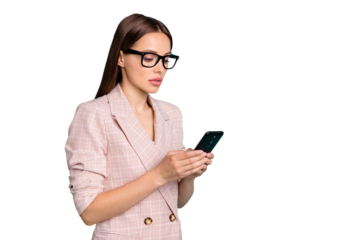 Profile side view portrait of nice attractive lovely smart clever focused straight-haired lady using device chatting isolated over bright vivid shine blue green teal turquoise background