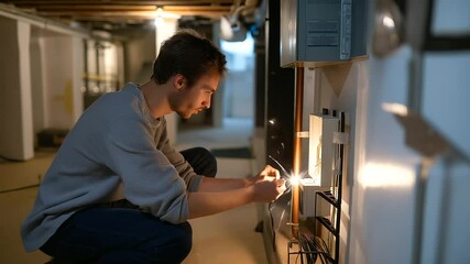 Electrician Rewiring Circuit Breaker in Dim Basement