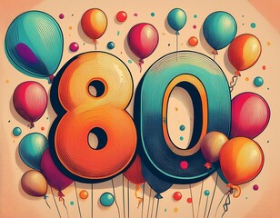 Number 80 with balloons. Retro style illustration for eightieth birthday or anniversary