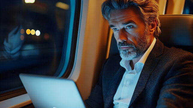 Businessman Working Laptop Train Night Focused Professional Isolation