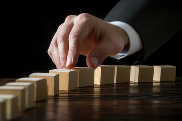 Businessman strategically placing wooden blocks on a table, symbolizing planning and strategy