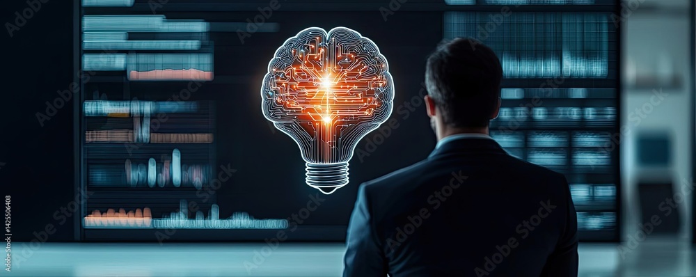 Poster half of virtual lightbulb and brain holding technology concept. a professional analyzing data with a