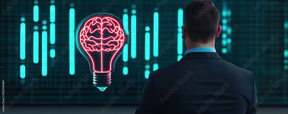 Poster half of virtual lightbulb and brain with businessman thinking concept. creative thinking represented