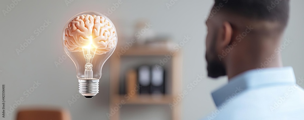 Poster half of virtual lightbulb and brain showing innovation lamp concept. innovative thinking visualized 