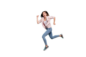 Full length body size view of her she nice-looking pretty attractive cheerful straight-haired lady storming running fast isolated over bright vivid shine blue green teal turquoise background